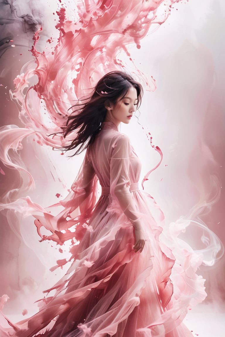 A captivating minimalist portrait of a woman, her wavy figure artfully crafted from delicate smoke in a soft pink hue. The smoke sculpture flows with a dreamy, delicate movement, capturing a fleeting moment of time. The crisp, clear lines and simplicity of the design enhance the elegance and beauty of this surreal, dreamy image.