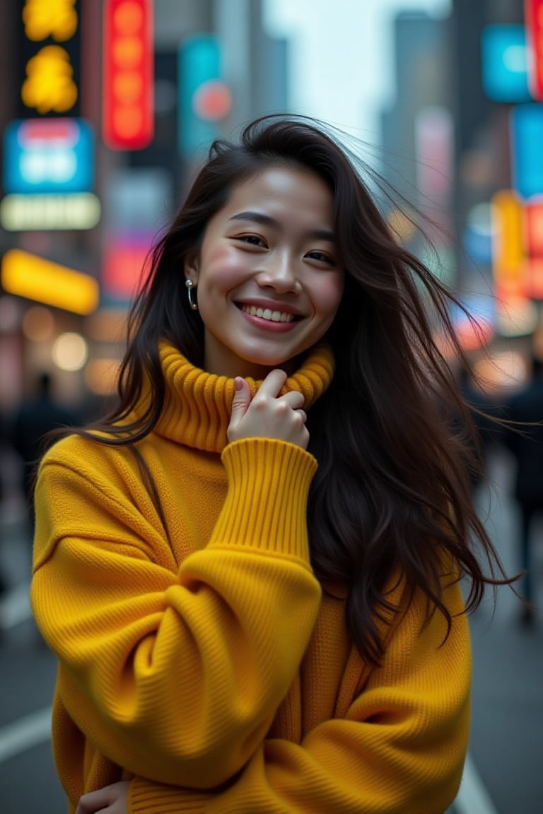 Ultra-realistic portrait photo, 21-year-old fashionista, gentle geometric pose, joyful expression, flowing hair, vibrant lights street, Matrix-inspired urban environment, stylish yellow sweater-coat, Acne Studios winter 2047 collection, random colors, navy and yellow tones, intricate details, dynamic shadows, futuristic cityscape, Canon EOS R5, 50mm f/1.2 lens