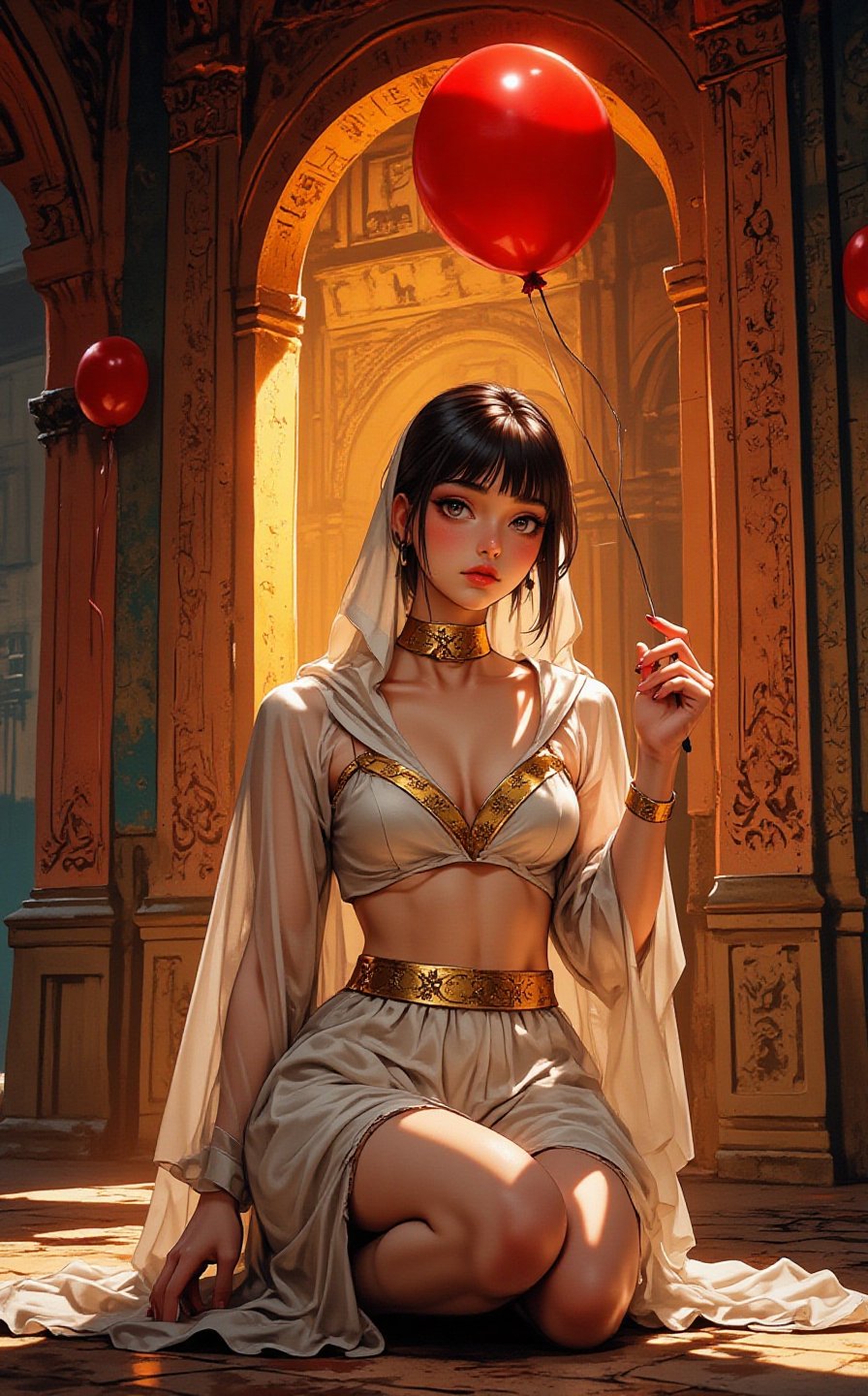 Ghibli studio anime style. A young woman draped in a transparent flowing cloak with a hood, kneel down on one knee in an opulent, architecturally detailed setting. She wears a golden choker and a matching bralette, with a golden belt adorned with intricate designs. The background features a grand archway, illuminated with a warm, golden light, revealing ornate pillars and decorative elements. The atmosphere exudes a sense of mystery and elegance.,“Photo of a wall in the city. On the wall  we see detailed graffiti with a girl holing a red balloon in the style of Banksy, the graffiti text reads "DREAM DIFFUSION FLUX".”