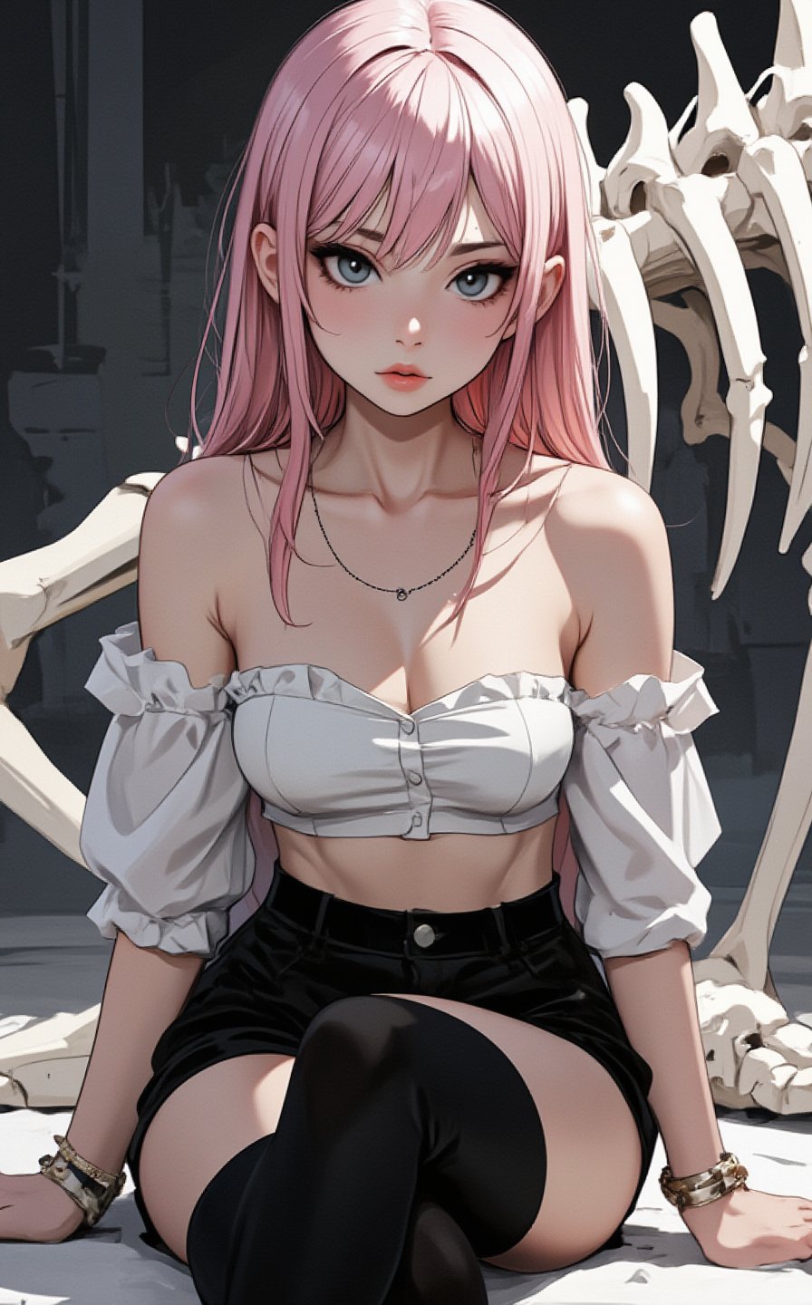 Ghibli studio anime style. A girl with pale pink hair in black stockings and a white tube top and blouse is sitting down with the white skeleton of a huge animal with a minimal background. Dramatic lighting emphasizes her expression.