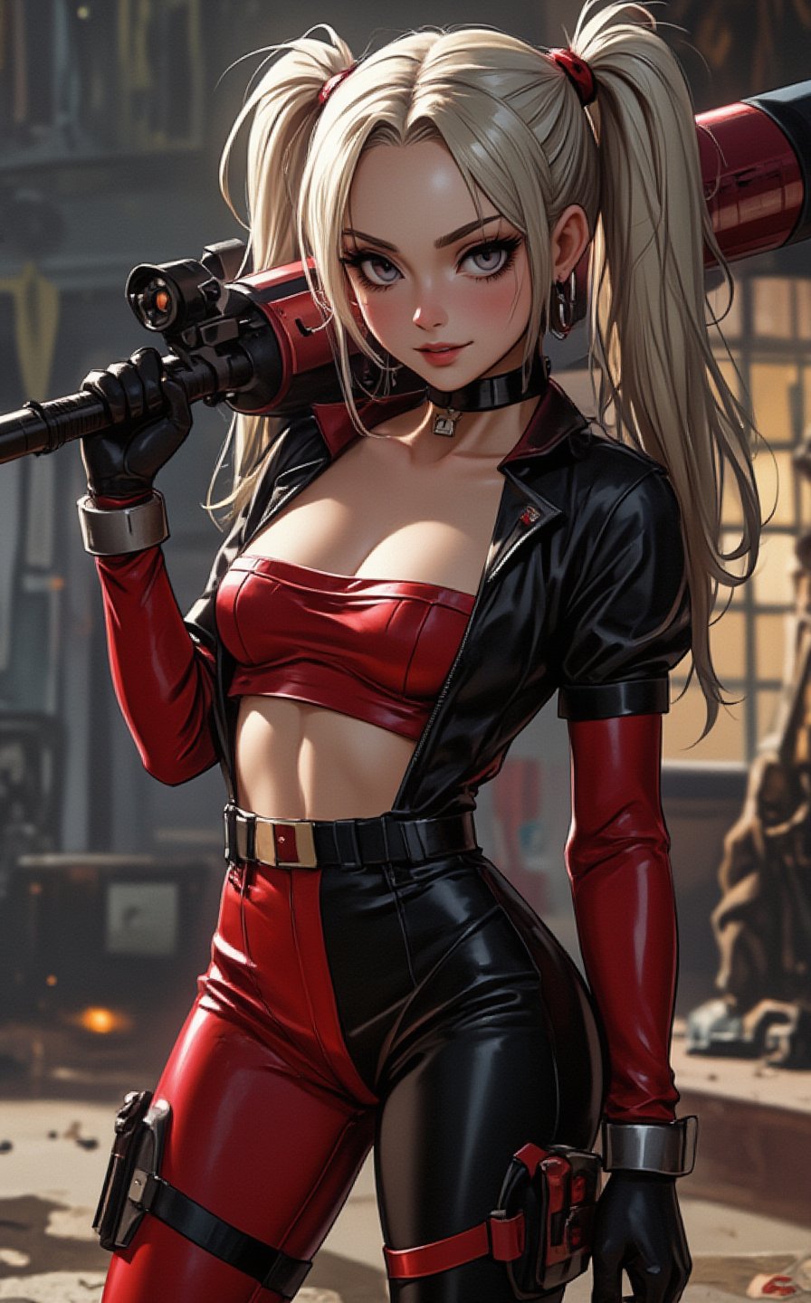 Ghibli studio anime style. Full body shot of Harley Quinn,  sexy pose in original Deadpool's costume,  carrying a huge roc...