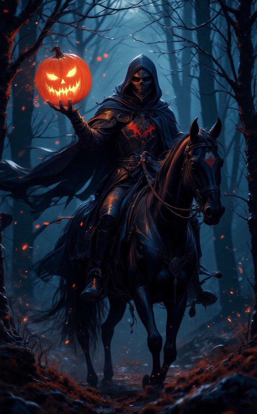 A mesmerizing neon spray paint portrait capturing a goth cyberpunk knight. On a Halloween night, the headless knight on a black horse, holding a glowing pumpkin in his right hand, is riding swiftly through the woods. On a moonlit night, The image is photorealistic, detailed, and in a fantasy style. 