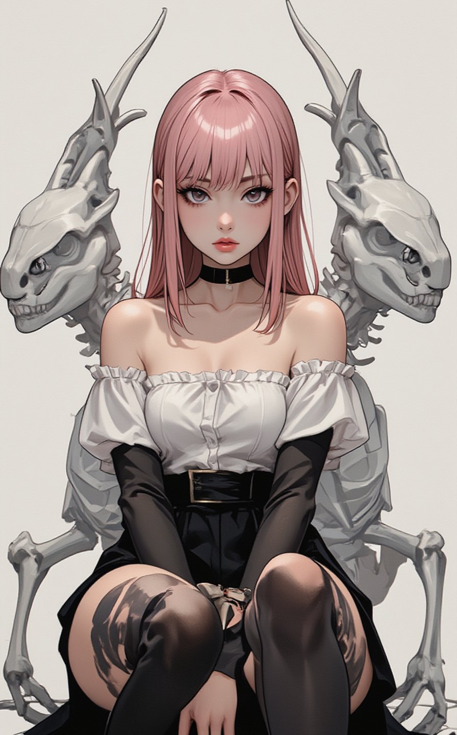 Ghibli studio anime style. A girl with pale pink hair in black stockings and a white tube top and blouse is sitting down with the white skeleton of a huge animal with a minimal background. Dramatic lighting emphasizes her expression.