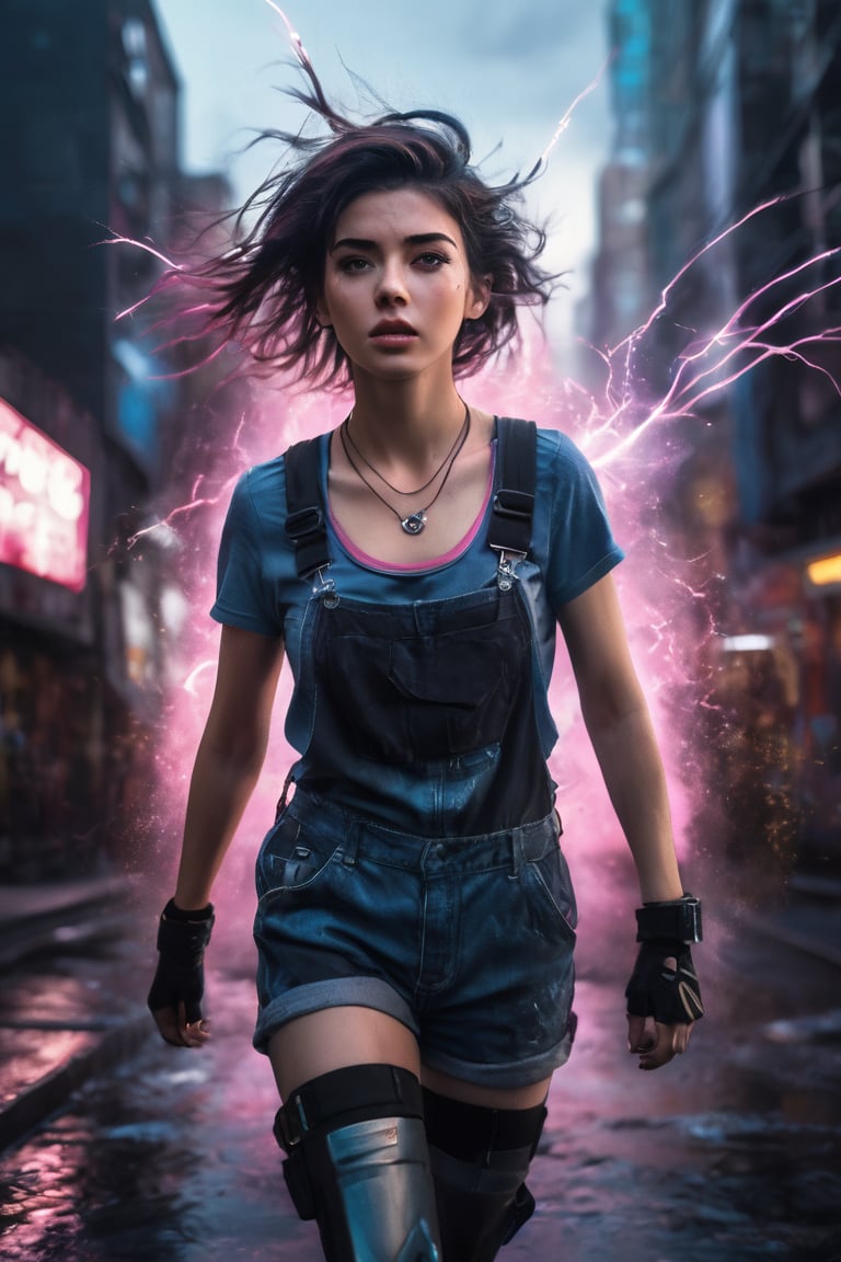 An electrifying low-angle photograph captures the essence of Alex,  a 22-year-old dark-haired tomboy,  as she dynamically...