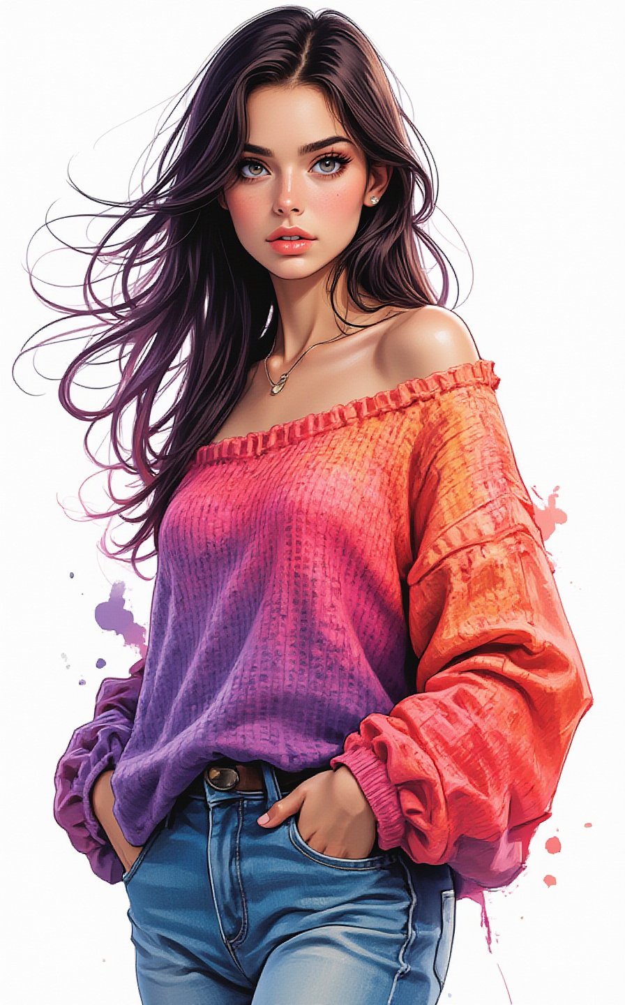 A stunning illustration of a young alluringly beauty woman standing gracefully, wearing an oversized sweater with one shoulder exposed, rendered in the bold, textured brushstrokes of Leonid Afremov combined with the fluidity of ink washing. The sweater is painted vibrant colors, cyan, purples, coral and oranges, sweeping fabric is caught in the wind, swirling around her in expressive, thick strokes of paint. The flowing material dances through the air, creating a sense of dynamic motion and energy. The vibrant ink brings a subtle, ethereal quality to the swirling fabric, blending into soft, flowing gradients.The background is minimal, allowing the vibrant sweater and soft ink washes to stand out, as the combination of the great artist Afremov’s energetic style.