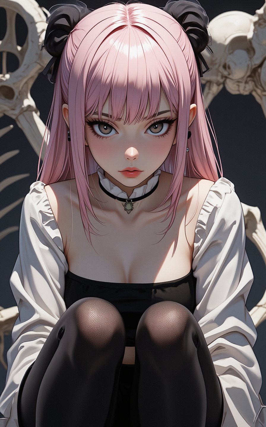 Ghibli studio anime style. A girl with pale pink hair in black stockings and a white tube top and blouse is sitting down with the white skeleton of a huge animal with a minimal background. Dramatic lighting emphasizes her expression.