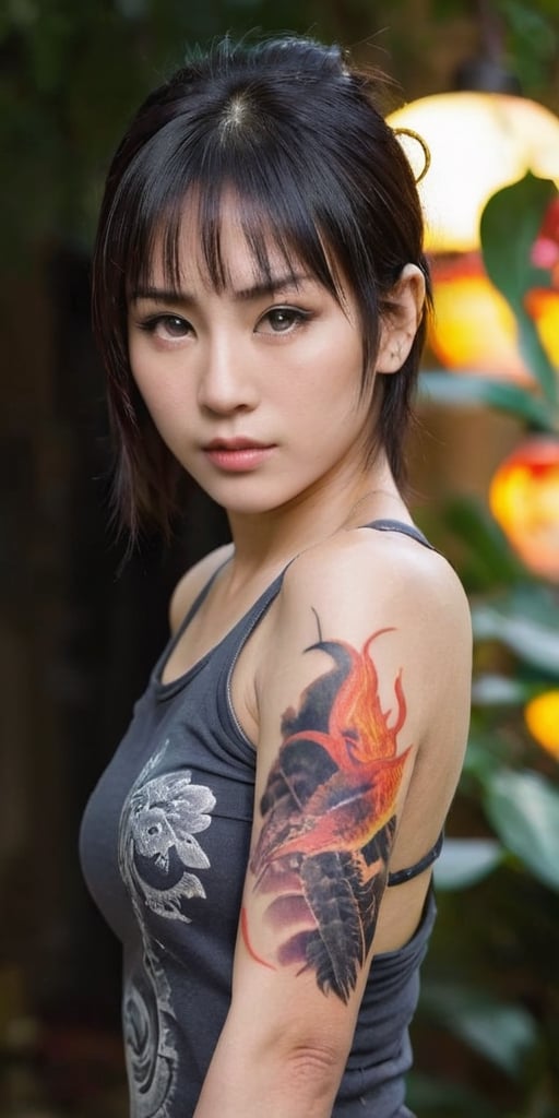 Japanese live-action movie, a gorgeous fighter. a striking photograph capturing the essence of 'The Girl with the Dragon Tattoo.' The protagonist, with a piercing gaze and unruly hair, wears a tattoo of a large, fiery dragon that seems to come alive on her arm. The tattoo glows vibrantly, casting a mesmerizing aura. The background is dark, with a hint of a mysterious forest, adding to the overall atmosphere of suspense and intrigue.,Asian