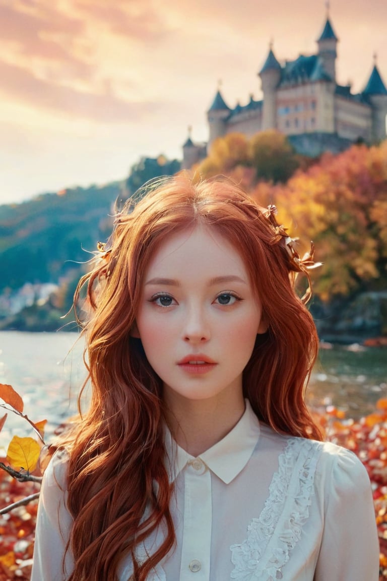 A stunning close-up picture that captures the essence of love and beauty. A captivating and vibrant conceptual art piece, featuring a young adorable woman with very long cascading red hair, seamlessly merging into a picturesque autumn landscape. She stands gracefully amidst a sea of golden leaves, her hair intertwined with branches and foliage. Behind her, a majestic castle stands proudly against an intense orange sky, as if it's on fire. The overall atmosphere of the illustration is cinematic and surreal, evoking a sense of wonder and enchantment, cinematic, vibrant, conceptual art,dal,photo