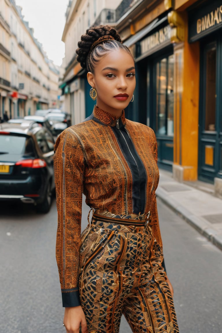 A photo of a young beautiful fit African American female model with cornrows and brown eyes, reflecting a sophisticated contemporary style. Her outfit fuses traditional Nigerian Ankara and aso-oke textile. The setting includes a street in Paris, enhancing the elegant and dynamic atmosphere. The model poses confidently, captured on film with sharp focus. The shirt and combat trousers feature reflective strips on the shirt, zipper and buckle details, an asymmetrical neckline, and ankara and neon accents.