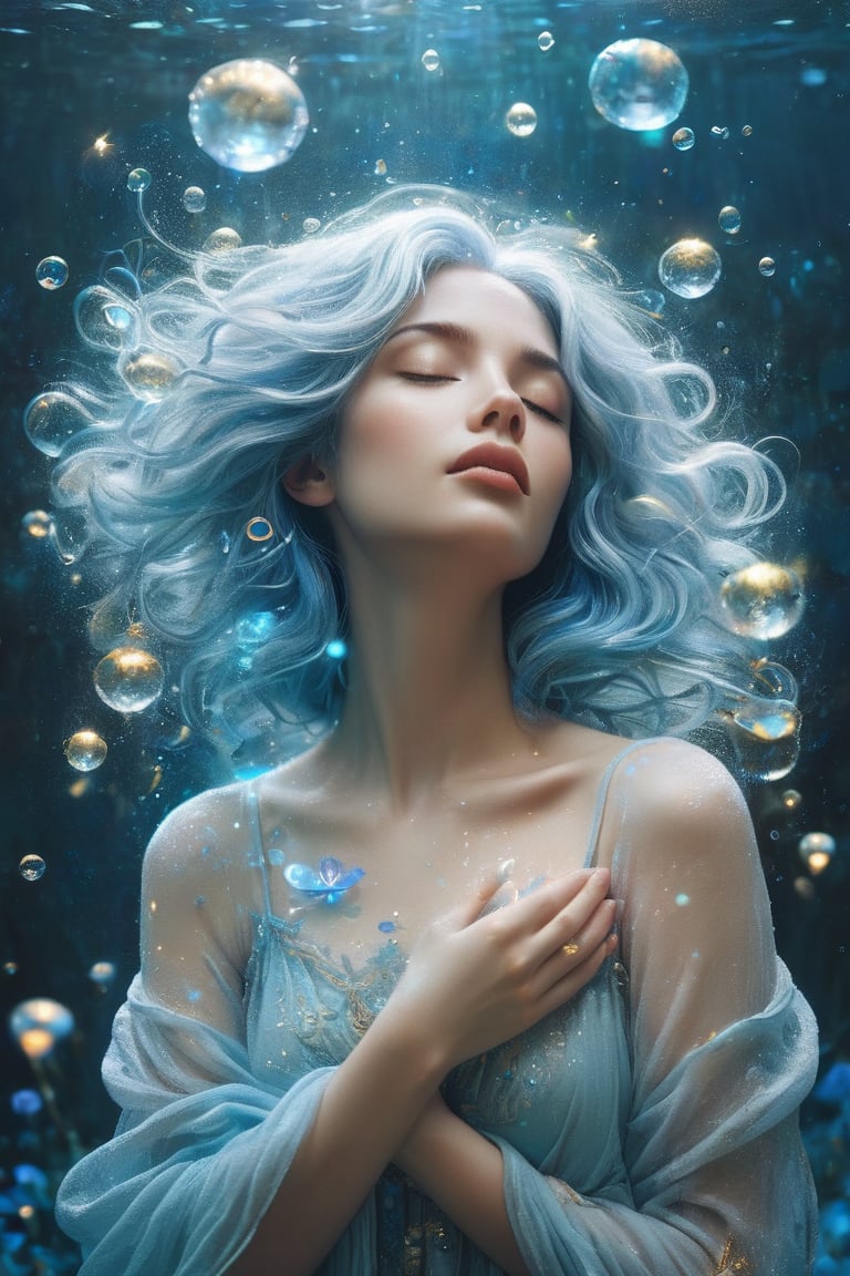 A serene and ethereal female figure with flowing blue hair that merges with the surrounding environment. She has closed her eyes and holds a delicate glowing object near her heart. The background is filled with bubbles, some of which are translucent and others shiny, giving an impression of underwater depth. The color palette is dominated by soft blues, whites, and hints of gold, creating a dreamy and magical atmosphere.