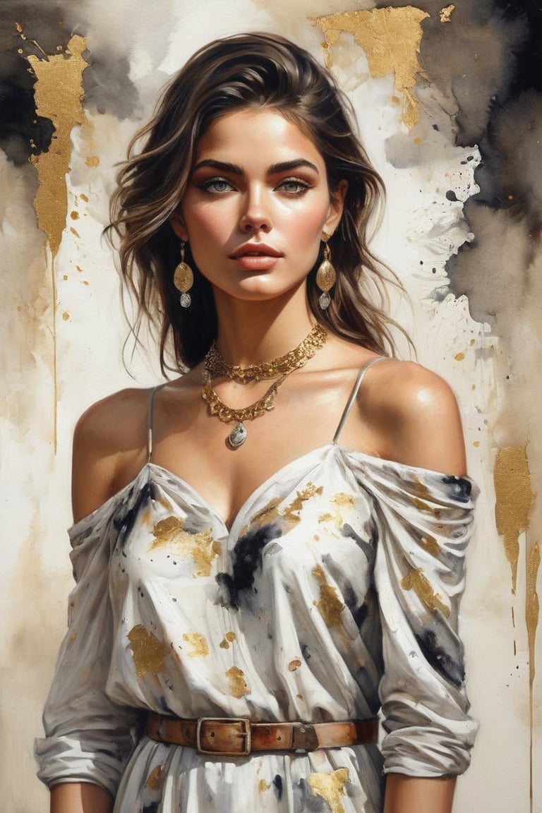 hyperrealistic,  a masterpiece painting,  A mesmerizing watercolor wash illustration featuring a stunning young woman stan...