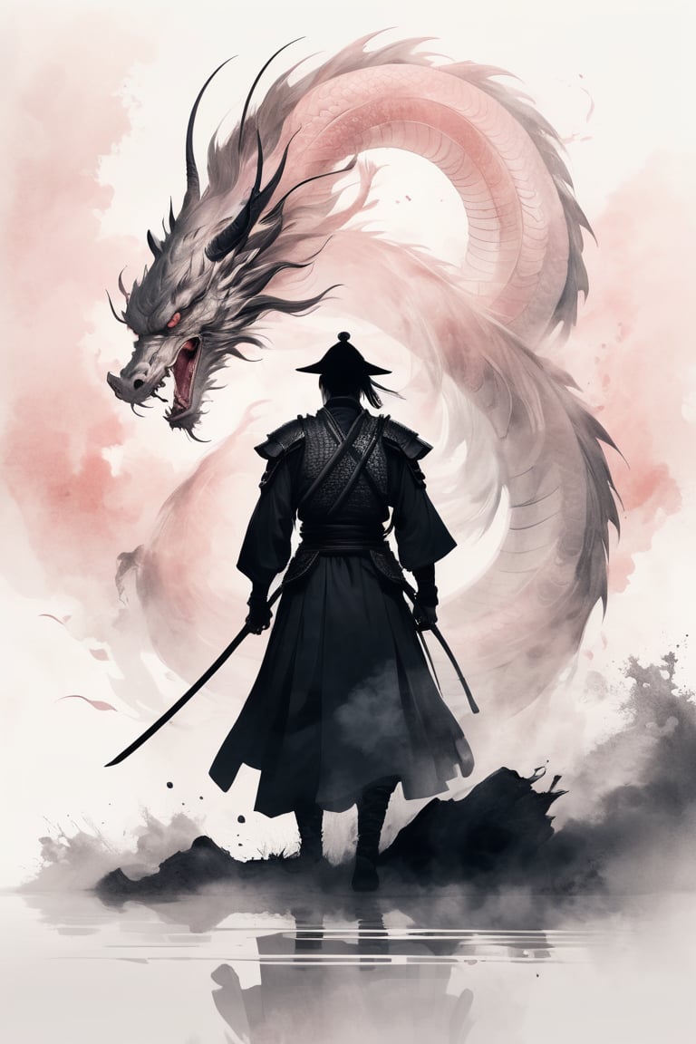 masterpiece drawing in a soft pink hue. A stunning and minimalist ink wash illustration of a samurai standing defiantly in front of a magnificent dragon. The samurai wears traditional armor, and his face is hidden behind a ritualistic mask. The dragon, with a fierce gaze, is portrayed with elegant strokes, using light white and dark gray tones. The background is simple and evokes a feeling of tranquility. The artwork is reminiscent of gongbi painting techniques, combining elements of witchcore and conceptual art, resulting in a breathtaking masterpiece.