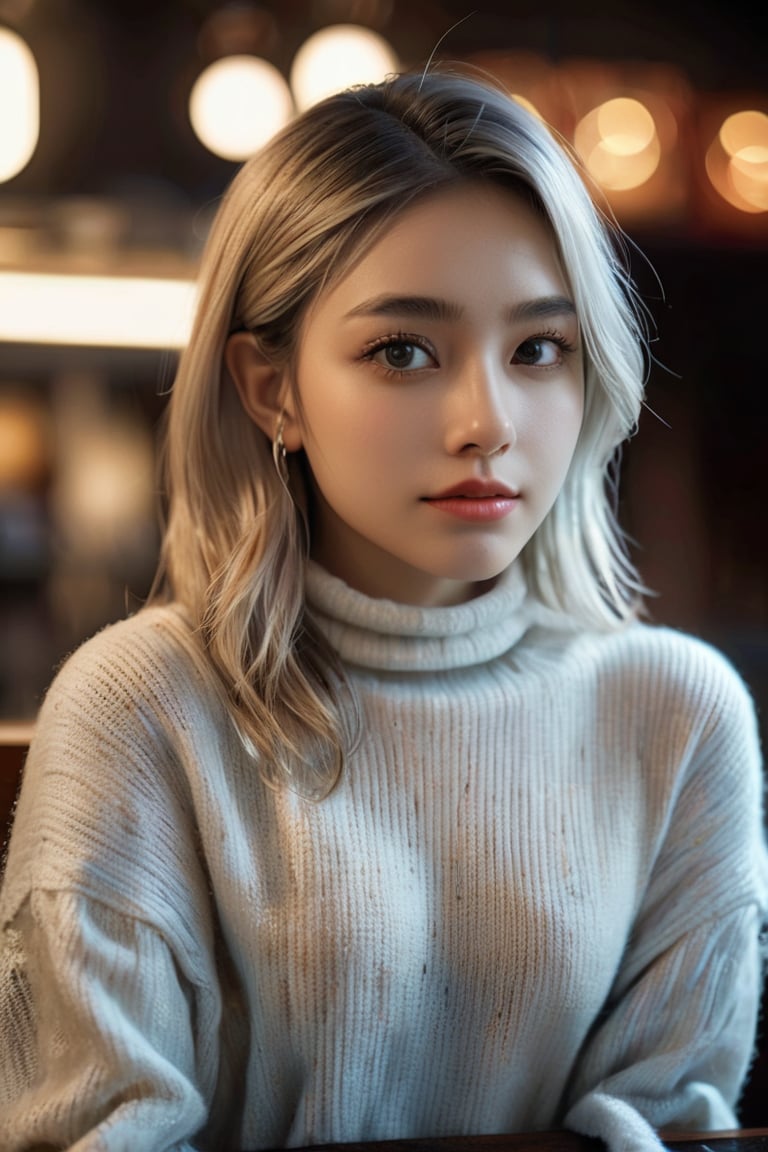 ((masterpiece)), ((best quality)), (((photo Realistic))), (portrait photo), (8k, RAW photo, best quality, masterpiece:1.2), (realistic, photo-realistic:1.3). A beautiful alluring girl with silver hair in an open holes sweater is leaning on the counter of a night bar, smiling at the camera, photorealistic with a cinematic look featuring a bokeh effect, depth of field with sharp focus on the subject and intricate details in the skin texture, soft lighting with HDR and volumetric light, shot on a Sony A7 III