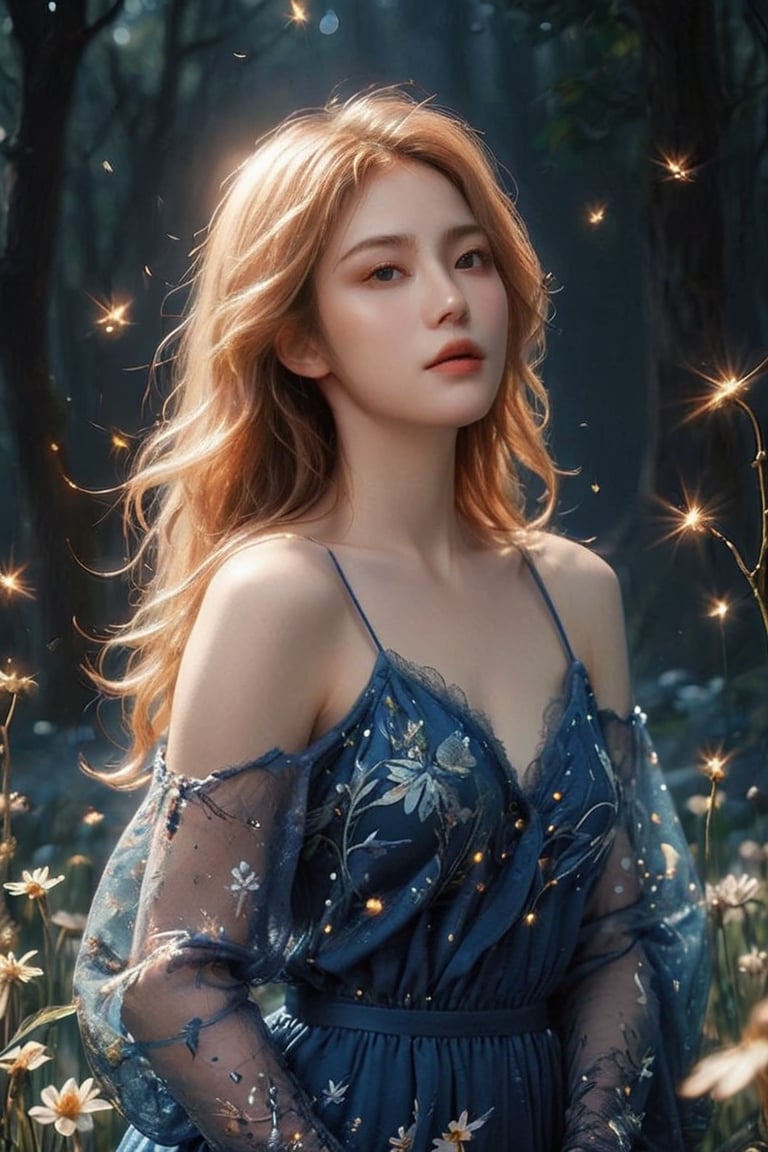 The young alluring lighting goddess. A digital masterpiece image, featuring a woman in a deep blue background, enveloped in a swarm of bright fireflies that illuminate the darkness with flashes of light. With her soft, wavy glowing golden hair, the woman exudes an aura of tranquility and serenity. Her gleaming dress appears as an ethereal cloak of light that blends with the glow of the fireflies, while the winged creatures flutter around her, creating a magical and captivating effect. The harmony of deep blue tones and the soft radiance of the fireflies establishes an enchanting atmosphere that captures the audience's attention and imagination.,glitter,gl1tt3rsk1n