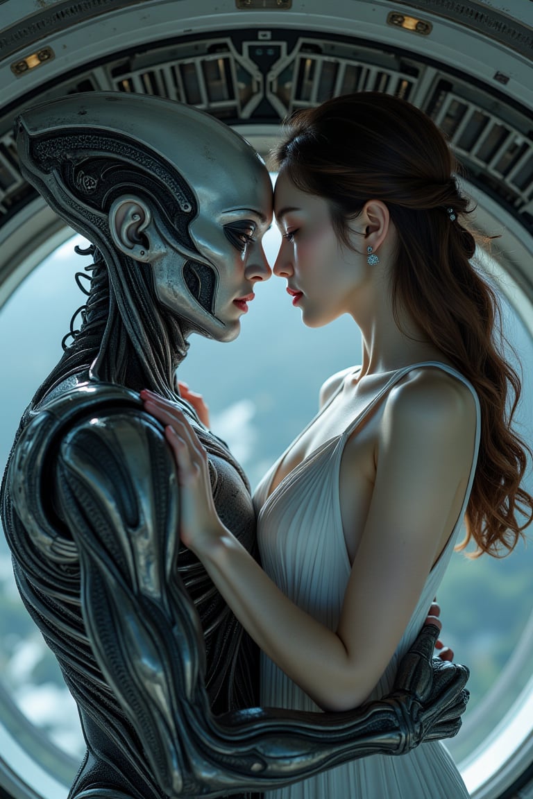 An alien male humanoid and a young woman merging together to create a new plane of existence,  their bodies transcending t...
