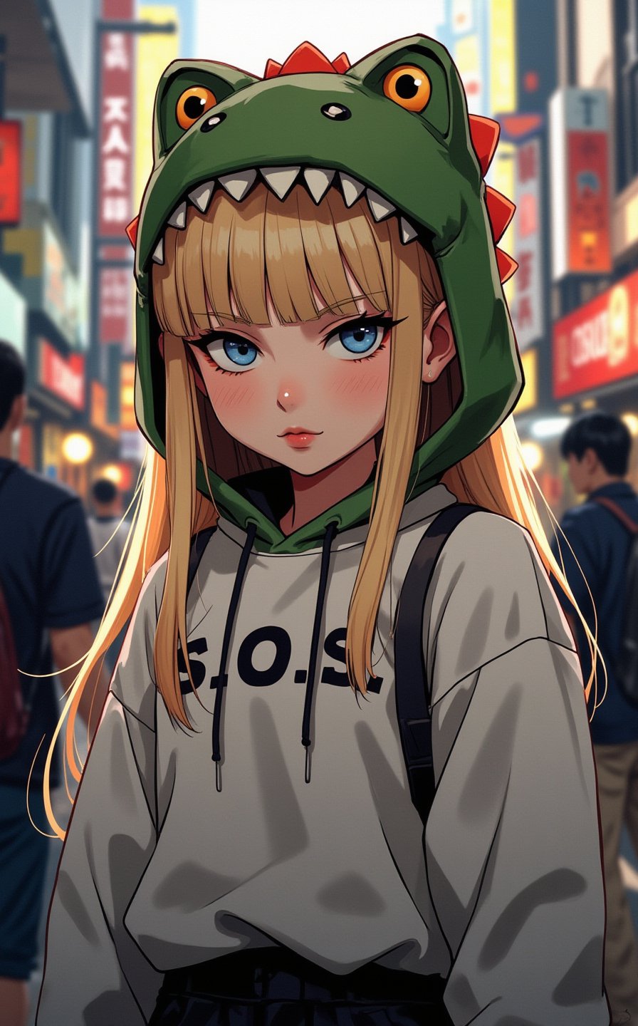 Ghibli studio anime style. A young college girl, blonde hair, blue eyes, standing in the middle of a bustling street. She is wearing a playful hoodie with a hood designed to resemble a plush T-rex head with cute, rounded teeth and spines along the top, giving it a toy-like appearance. The word 'S.O.S ' is written prominently on the front of the hoodie. Dramatic lighting emphasizes her lustful expression.