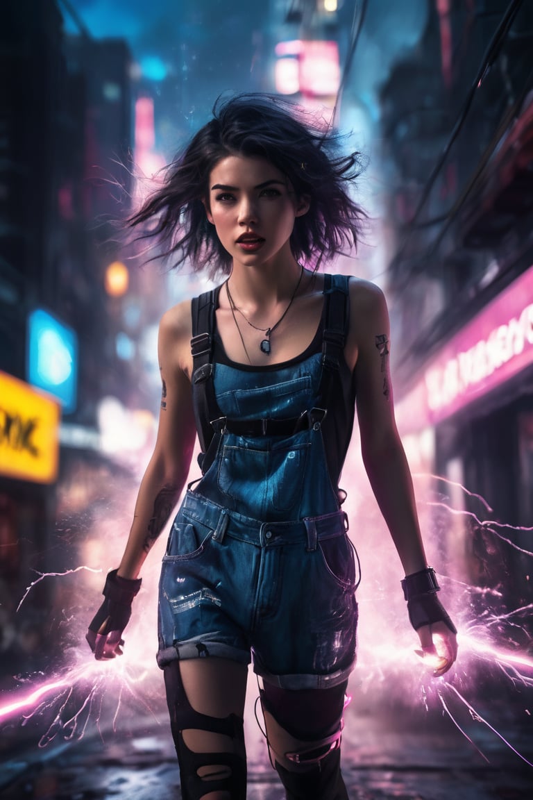 An electrifying low-angle photograph captures the essence of Alex,  a 22-year-old dark-haired tomboy,  as she dynamically...