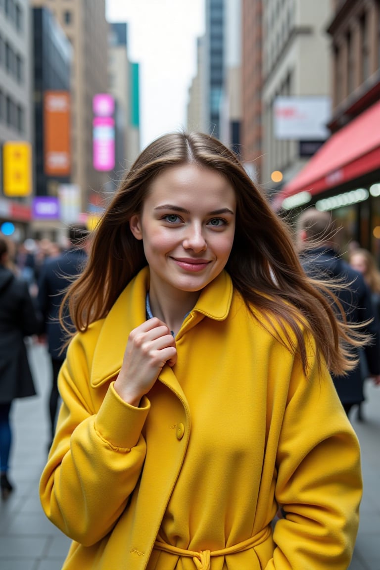 Ultra-realistic portrait photo, 21-year-old fashionista, gentle geometric pose, joyful expression, flowing hair, detailed busy street, Matrix-inspired urban environment, stylish yellow sweater-coat, Acne Studios winter 2047 collection, random colors, navy and yellow tones, intricate details, dynamic shadows, futuristic cityscape, Canon EOS R5, 50mm f/1.2 lens