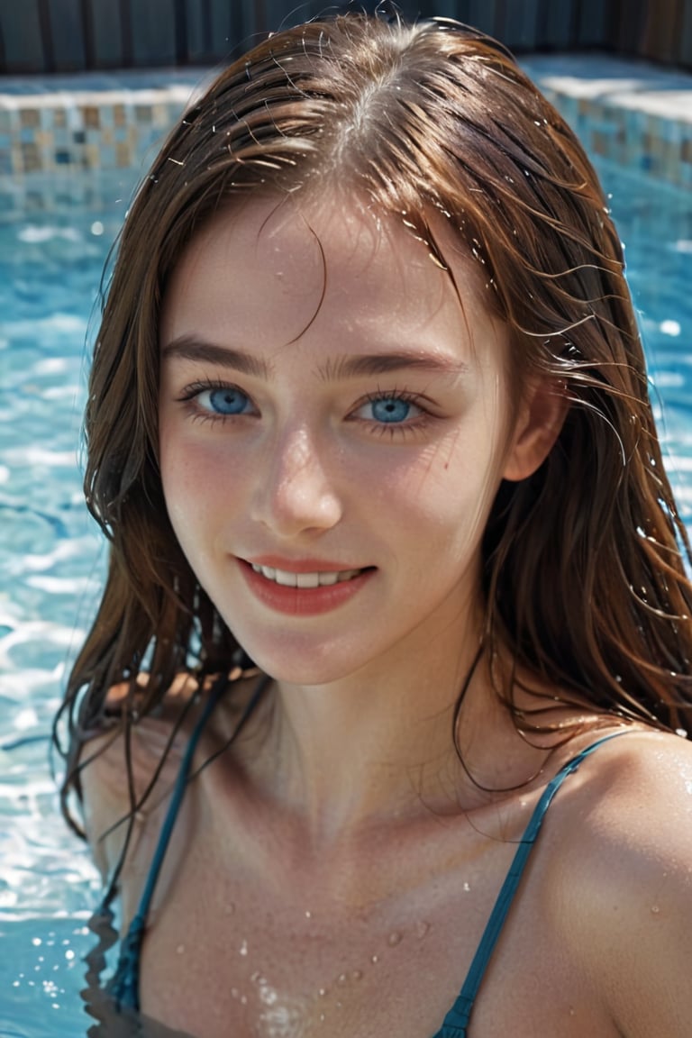 (Best quality, 8k, 32k, raw photo, photorealistic, UHD:1.2),lifelike rendering, (upper body portrait:1.2), HDR photo of beautiful young woman, happy and smiling, long bronze golden hair, light-blue eyes, fair complexion, (freckles:0.5), sexy bikini, submersed up to her chest in a hot tub relaxing with her arms out to her sides, detailed wet skin, water bubbling and moving, tiled floor and walls . High dynamic range, vivid, rich details, clear shadows and highlights, realistic, intense, enhanced contrast, highly detailed