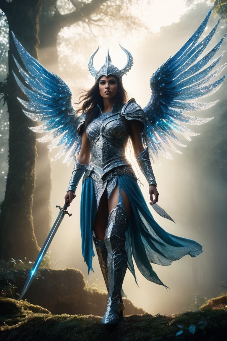 Low angle view,  medium shot. A striking photograph of a powerful and ethereal female genie knight embarking on an epic qu...