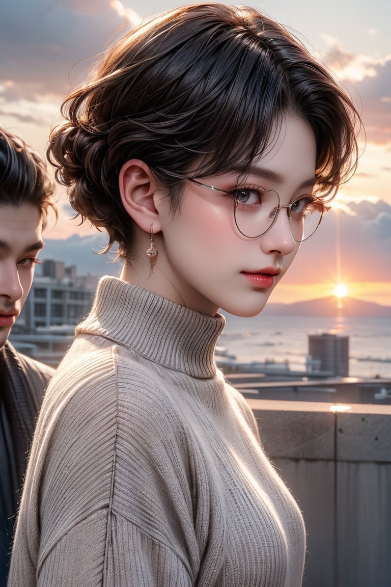 Highest Quality, Highest image quality, RAW Photos, Realistic, Photorealsitic, ultra detailed and beautiful, highest details, Gorgeous woman, a beautiful fit lady wearing a bold design suit, (from the side view) encounters a young man, ( a handsome punk young man of age 20), a pair of lovers. a handsome young fit man wearing thin frame glasses and is shirtless with a beautiful woman wearing a pink and gray gradient sweater with "ENSHRINE" written on the sweater standing looking at each other and coyly smiling. the background above the clouds at dusk. hyperrealistic surrealism