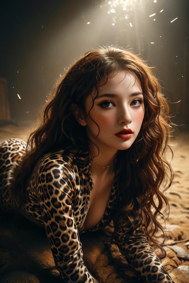 A mesmerizing full body portrait photo capturing the essence of an alluring brunette woman exuding serenity and mystery. A stunning piece of modern art featuring a voluptuous woman in a sexy leopard-inspired outfit, she is crawling on the ground complete with a leopard tail and ears. Her red curly hair, sensual lips, and alluring gaze command attention. The background is a minimalist, abstract design, featuring a blend of free-flowing lines, splashes, and scratches in a soft gradient metallic liquid. The piece is illuminated by bright gold lighting, creating a cinematic and conceptual atmosphere that is both fashionable and conceptual. The artwork is rendered in a 3D style, further enhancing its visual impact.,The Pose