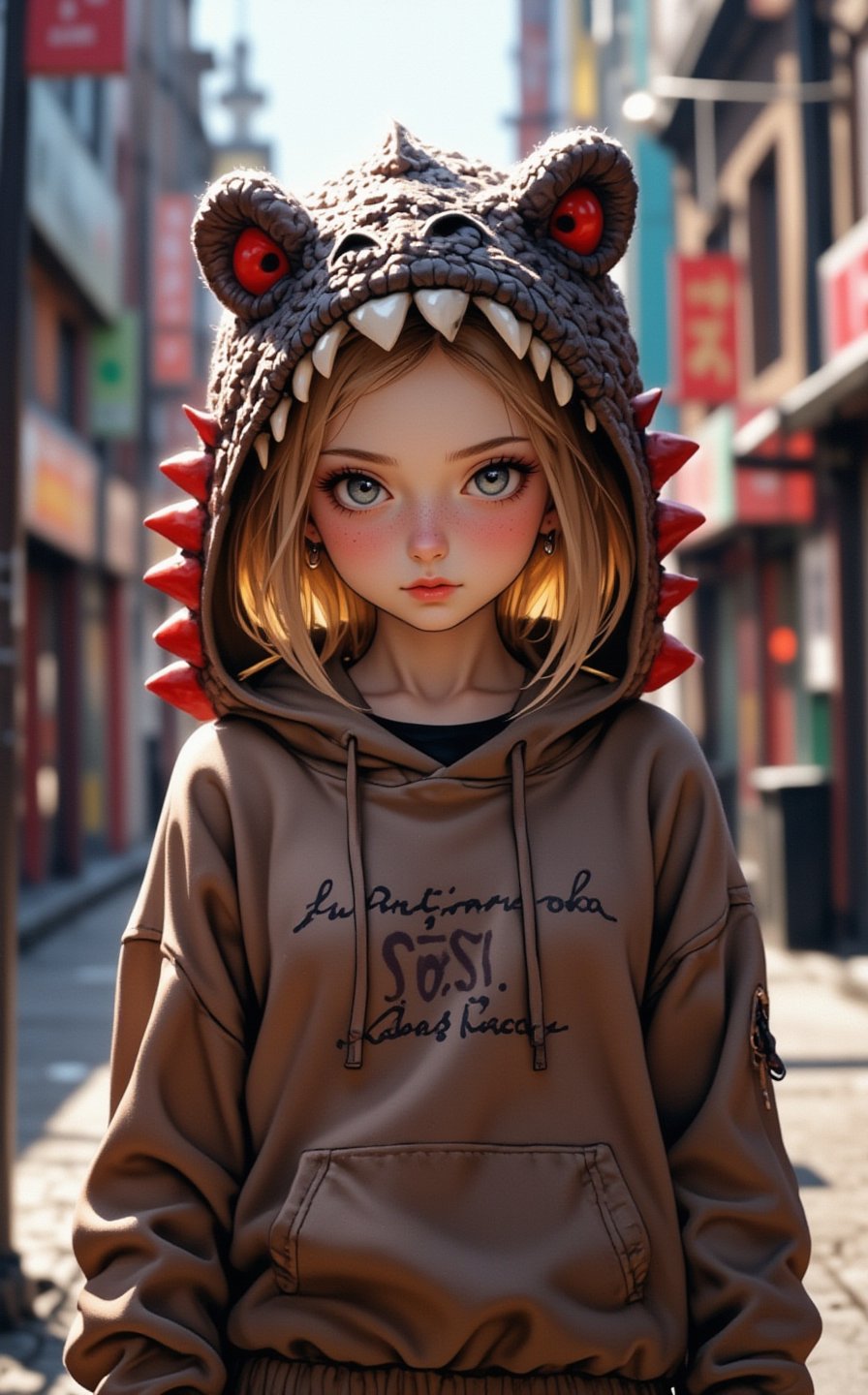 Ghibli studio anime style, A young college girl, blonde hair, blue eyes, standing in the middle of a bustling street. She is wearing a playful hoodie with a hood designed to resemble a plush T-rex head with cute, rounded teeth and spines along the top, giving it a toy-like appearance. The word 'S.O.S ' is written prominently on the front of the hoodie. Dramatic lighting emphasizes her lustful expression.