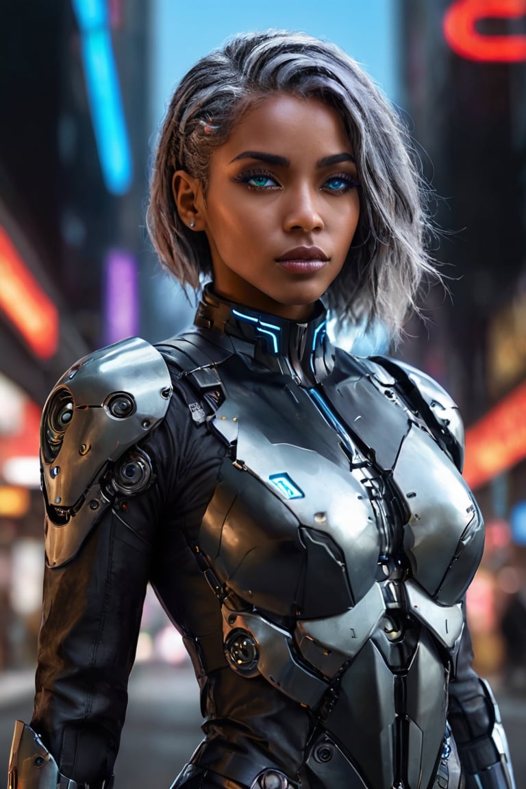 ((masterpiece)), ((best quality)), (((photo Realistic))), (portrait photo), (8k, RAW photo, best quality, masterpiece:1.2), (realistic, photo-realistic:1.3). A striking image of a cyberpunk protagonist, a gorgeous black woman with grey hair and robotic eyes, dressed in a sharp suit. His cybernetic eyes emit a cool blue light that contrasts with the dimly lit, neon-lit cityscape. Hovering vehicles and futuristic architecture fill the background, while a holographic 'Hal Cinah' signature is subtly integrated into the scene, hovering above his head. The overall atmosphere is bold, futuristic, and slightly dystopian.