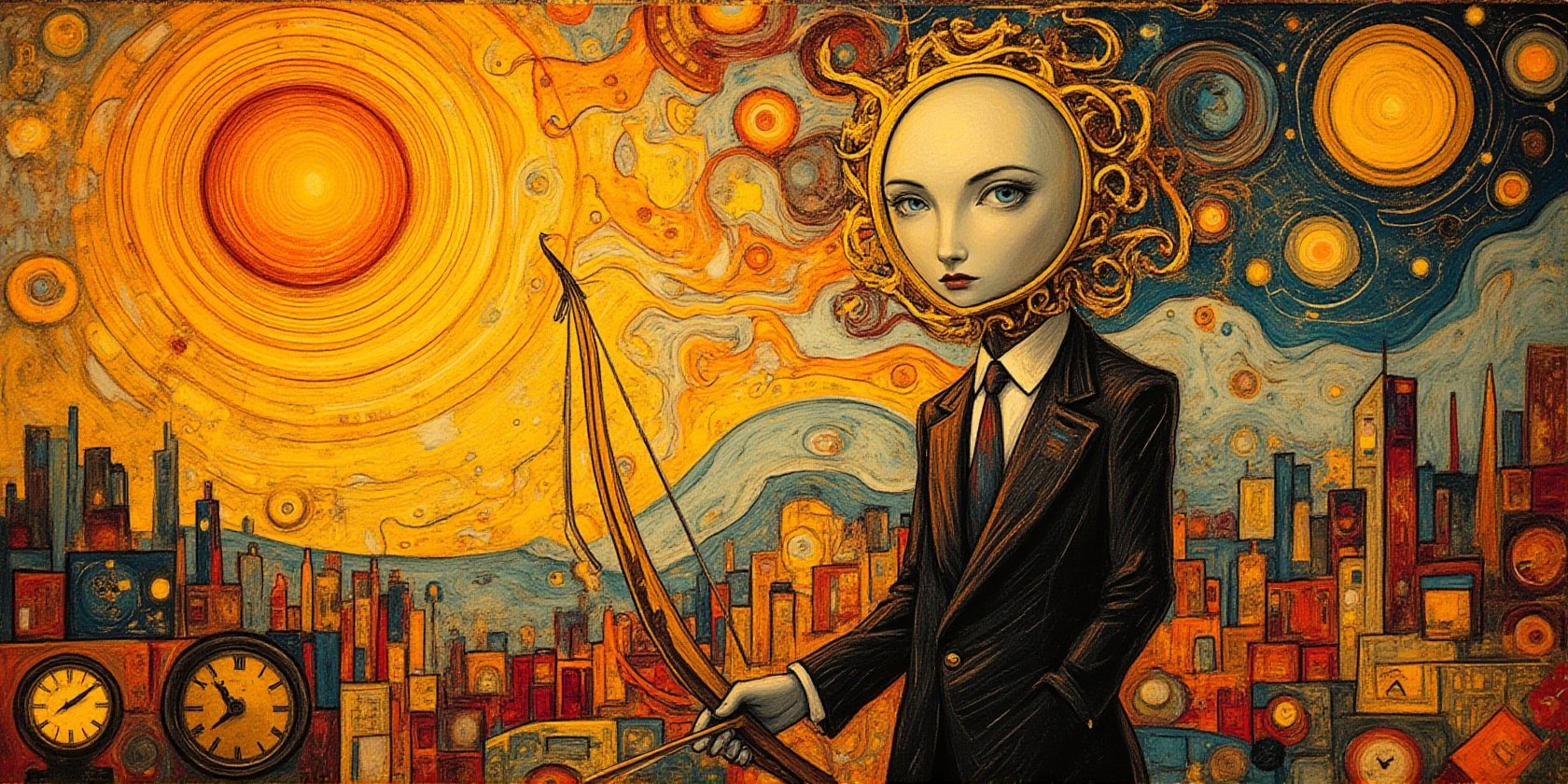 A modern art masterpiece with a abstract description of a radiant sun with golden outlines, a symbol of life and energy.  A surreal illustration of a warrior with a head made of a clock. He is wearing a suit and tie. The man is holding a bow and arrow. The background is a city with buildings made of clocks. There are smaller clocks scattered around the ground. The sky features a blend of geometric patterns in various vibrant shades, evoking a sense of illusion and sophistication. The overall composition is imbued with Klimt's signature style, creating a harmonious balance of color, texture, and form, conceptual art of dadaism.