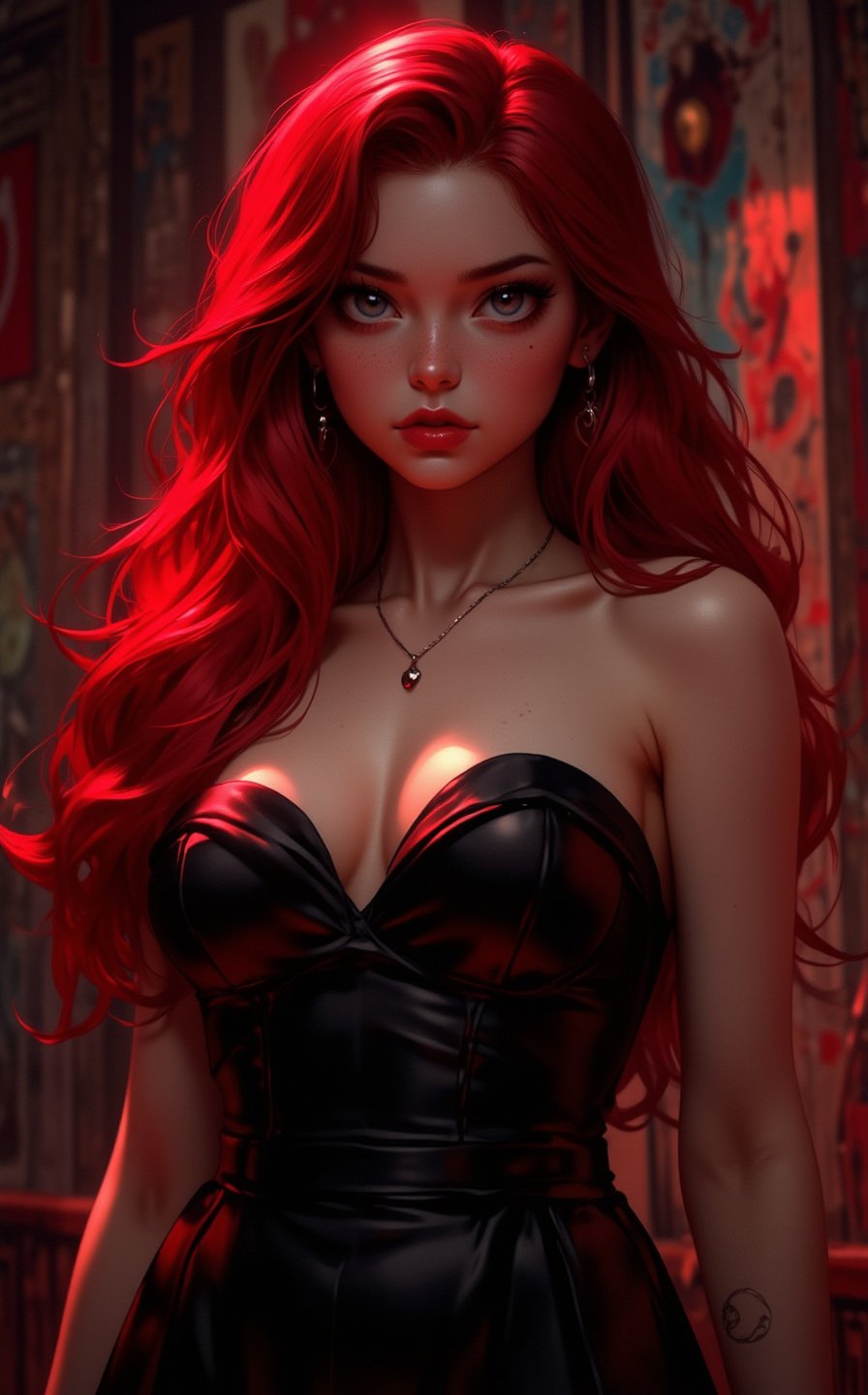 very hot Jessica Rabbit is gorgeous, Artgerm style, real cartoon, very cute and beautiful face, in the atmosphere of horror films, terrifying beauty, full-length sexy character, red hair, bright blue eyes, main character standing, gorgeous look, memorable character, epic live-action movie 