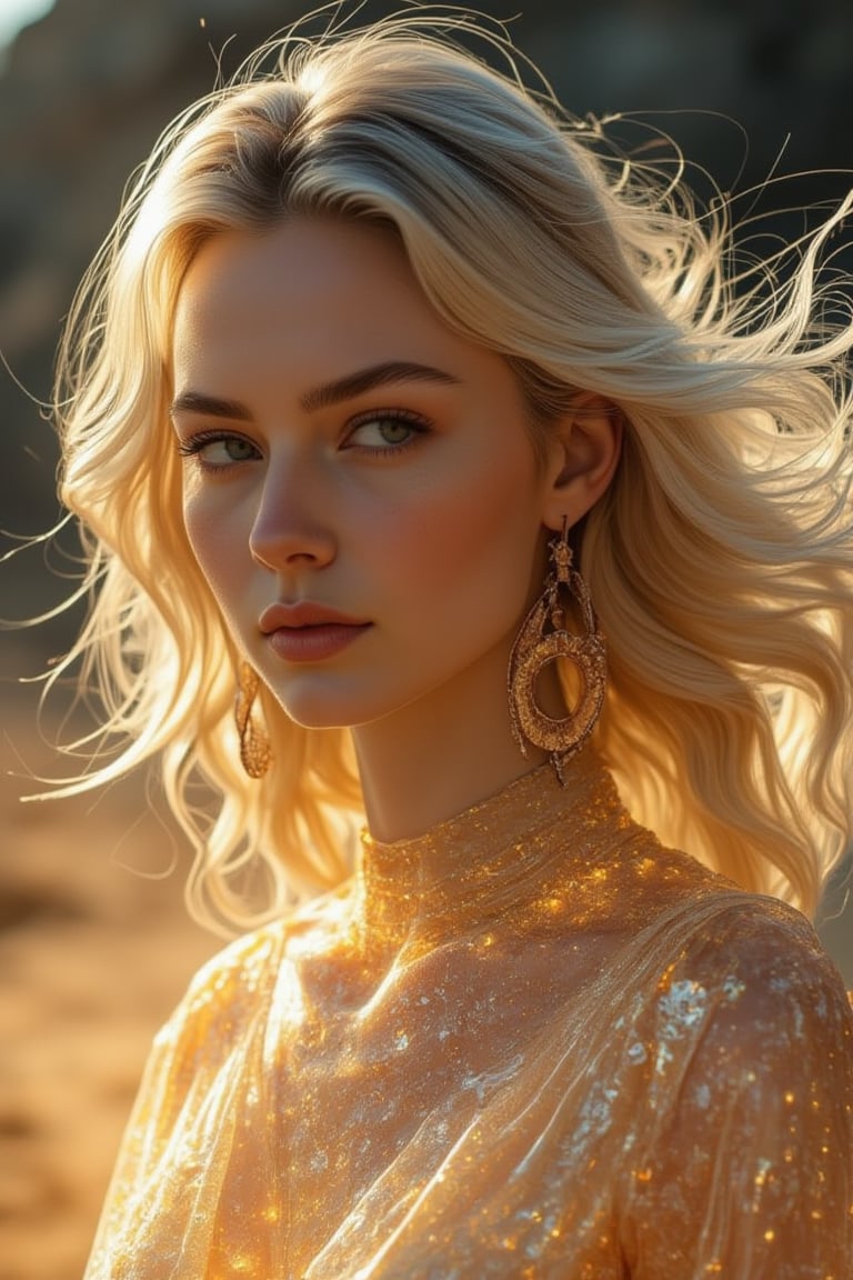 ,l(masterpiece, best quality, official art, beauty and aesthetics: 1.2), HDR, high contrast, wide angle lens, a A young woman with transparent, crystal-like skin, glowing from a soft golden light, her hair flowing like liquid metal, surrounded by an aura of shimmering particles, High dynamic range, vivid, rich details, clear shadows and highlights, realistic, intense, enhanced contrast, highly detailed, long shot scenic professional photograph, perfect viewpoint, highly detailed, hyper realistic, with dramatic sky, polarizing filter, natural lighting, vivid colors, everything in sharp focus,Fantasy detailers 