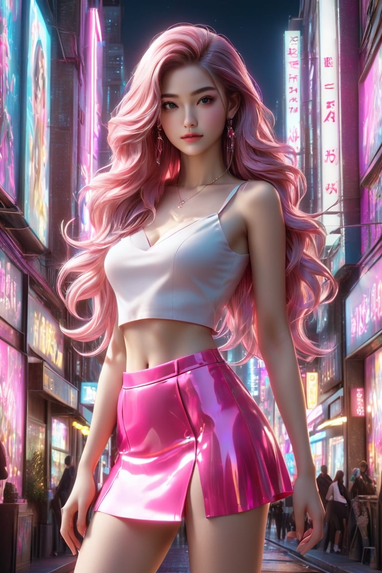 A stunning 3D render of a young woman dressed in a fashionable outfit. She wears a bright pink miniskirt with a V-shaped cut in the front, complemented by a white crop top. The woman has long, flowing hair, and her pose exudes confidence. The background of the poster is a vibrant cityscape at night, with neon lights reflecting off the buildings. The overall atmosphere is energetic and urban, perfect for a fashion-forward cityscape., 3d render, poster