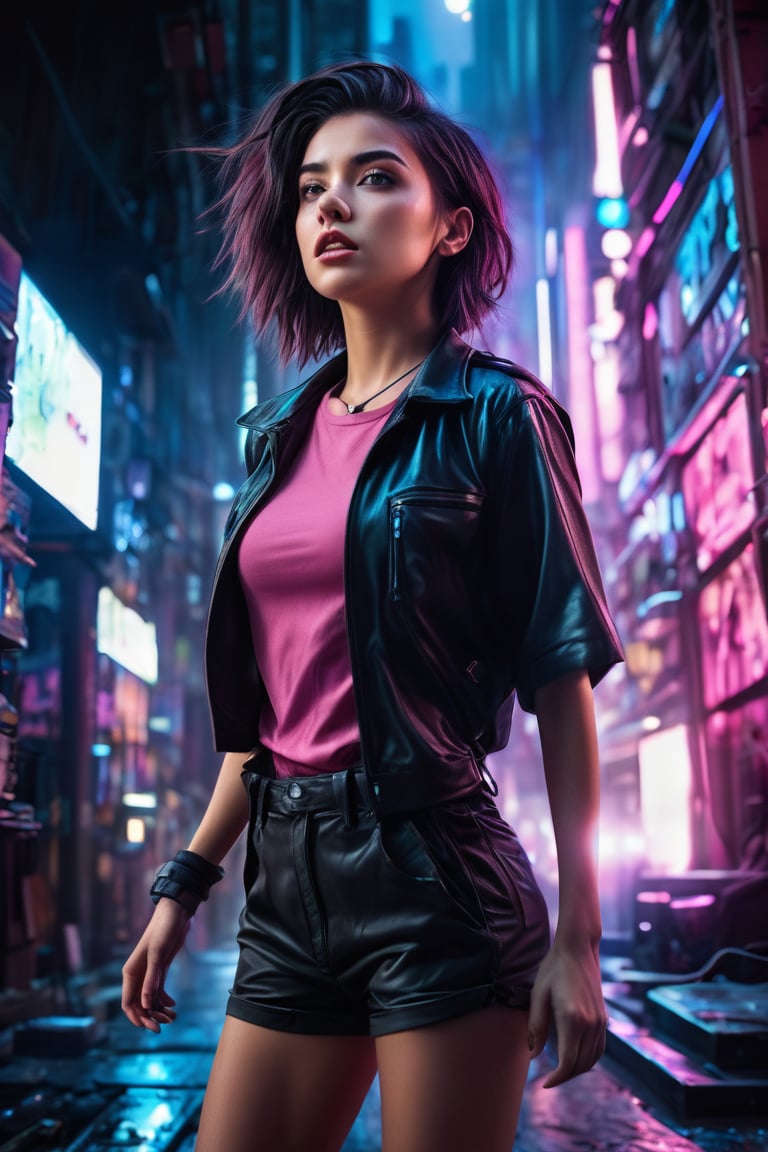 An electrifying low-angle photograph captures the essence of Alex,  a 22-year-old dark-haired tomboy,  as she dynamically...