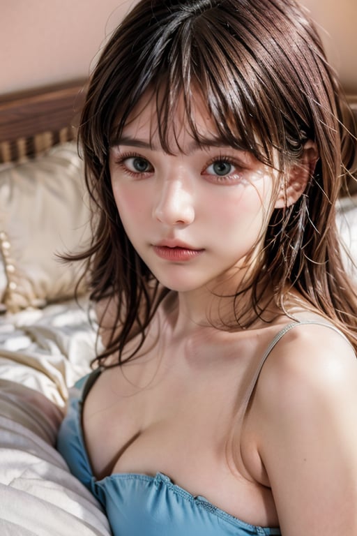 (Best quality, 8k, 32k, raw photo, photorealistic, UHD:1.2), (upper body portrait:1.2), stunning beauty, (smooth hair), beautiful double eyelids, highly detailed glossy blue eyes, detailed facial, (8k, RAW photo, best quality, masterpiece:1.2), a woman with long hair and fit sexy body figure laying in bed, in the style of yigal ozeri, anamorphic lens flare, bella kotak, video, close up, jagged edges, light beige and blue