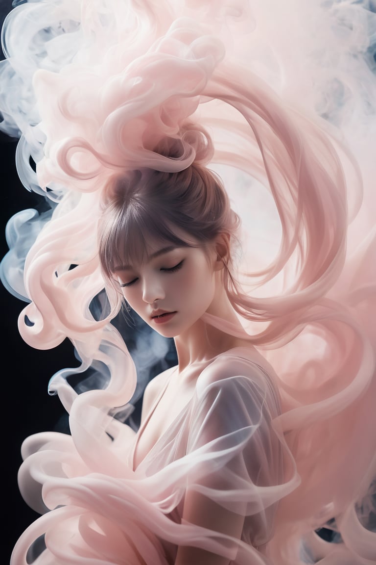 A captivating minimalist portrait of a woman, her wavy figure artfully crafted from delicate smoke in a soft pink hue. The smoke sculpture flows with a dreamy, delicate movement, capturing a fleeting moment of time. The crisp, clear lines and simplicity of the design enhance the elegance and beauty of this surreal, dreamy image.