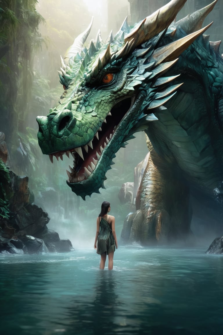 hyperrealistic,  a masterpiece,  a young woman is standing in the water next to a gigantic dragon head by AdonisKobi on Te...