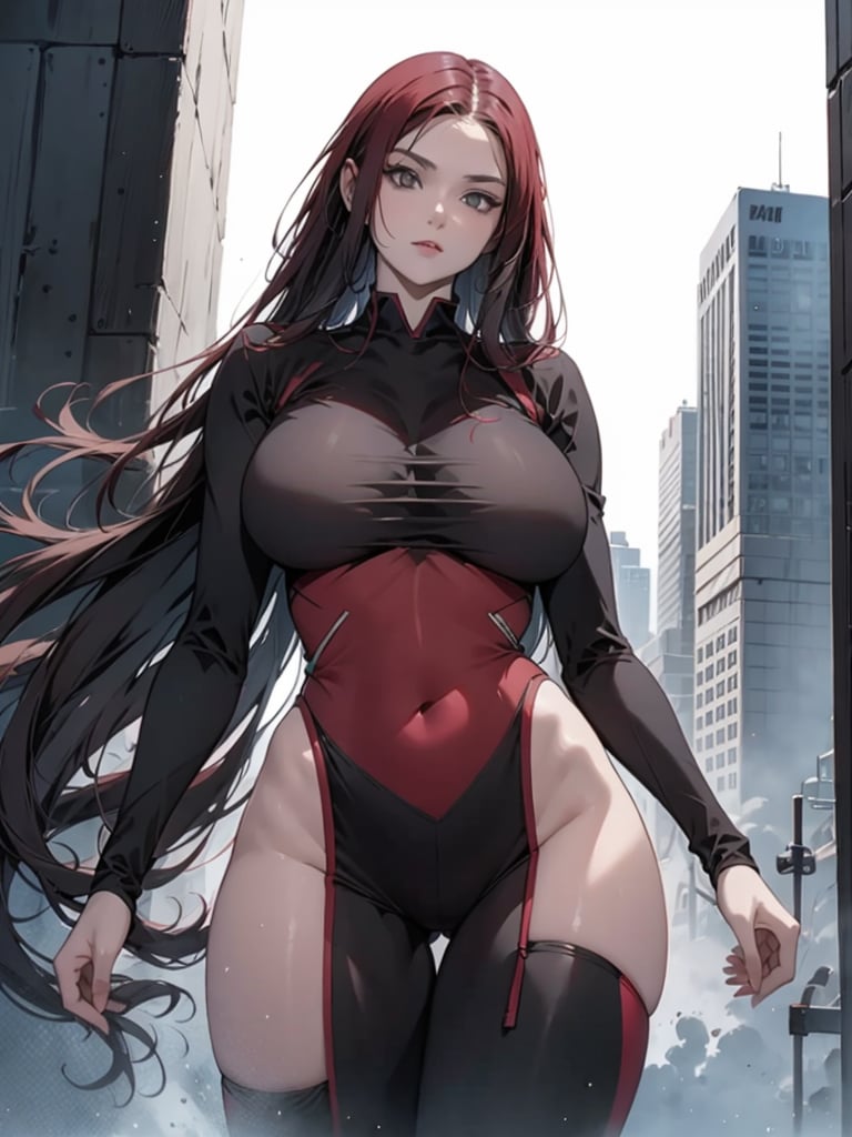 A visually stunning 3D render of a futuristic comic book cover that exudes action, drama, and suspense. The female protagonist, exuding confidence and determination, stands tall in a captivating red and black ensemble with intricate details. Wielding a huge sleek, high-tech weapon, her fiery gaze pierces through the darkness. The dystopian cityscape in the background, with its towering, anime-inspired structures, adds to the sense of urgency. The piece is rendered with an impressive level of realism and urgency, immersing the viewer in a cinematic experience. This enchanting work of art seamlessly blends anime, illustration, and 3D rendering to create a transportive and unforgettable visual masterpiece.