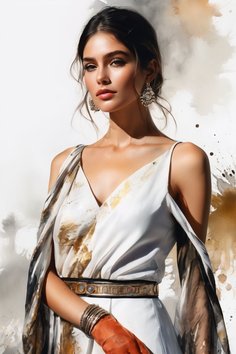 hyperrealistic,  a masterpiece painting,  A mesmerizing watercolor wash illustration featuring a stunning young woman stan...