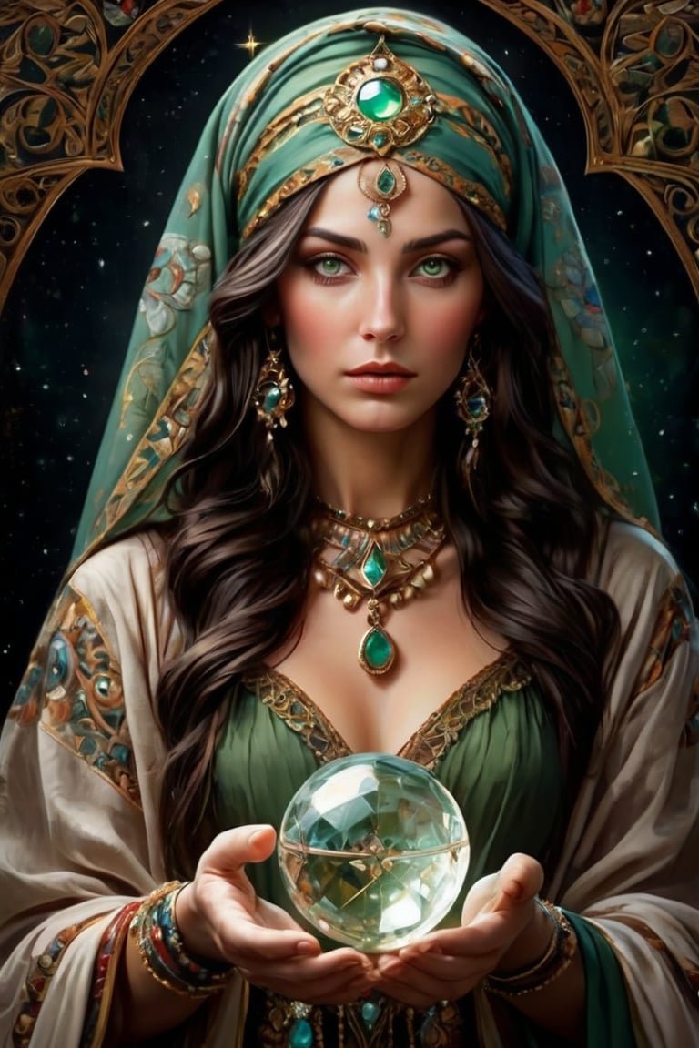 realistic vintage lithograph style, a gorgeous gypsum fortune teller with long dark hair and green eyes, a mysterious young goddess, wearing an embroidered headscarf with many jewels around her neck, holding up a large crystal ball in her hands, close-up of her face, in the style of fantasy art, best quality, highly detailed, 