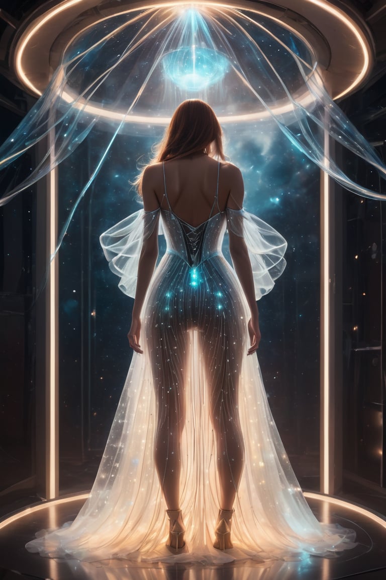 A surreal and dreamlike photograph of a slender young woman standing in a futuristic space cabin The sexy woman is clothed in thousands of luminescent strings that wind tightly around her, beginning at her shoulders and extending down to her upper legs. This ethereal binding seems to both conceal and accentuate, leaving her to the viewer's imagination. The glowing string emits a bright light, casting a glow and drawing the eye to the subject. The image is slightly blurry, adding to the surreal and dreamlike quality of the image and further immersing the viewer in the scene.