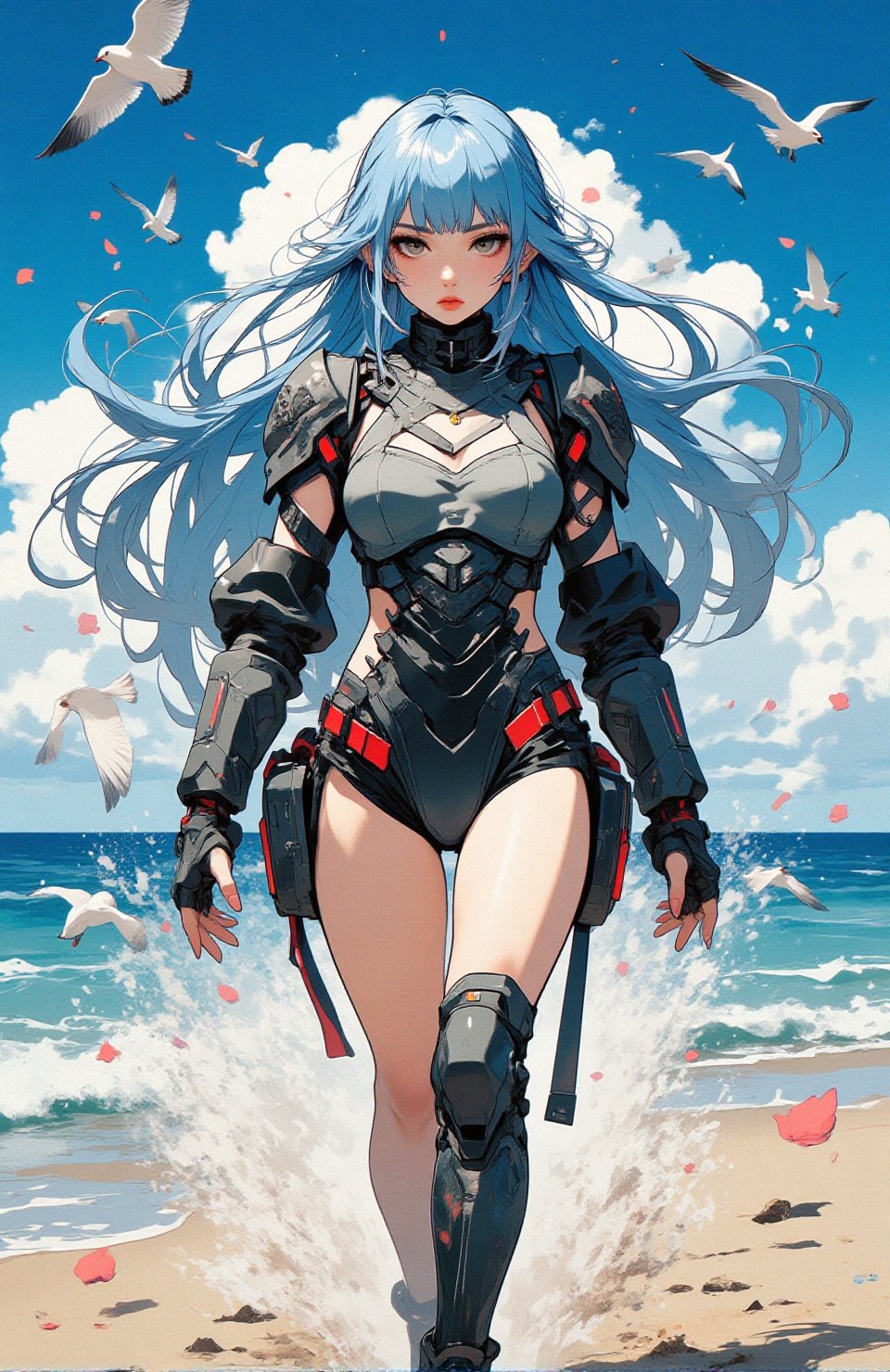 Kyoto animation anime style. Amasterpiece illustration captures a young girl with long loose blue hair spreading in the ai...