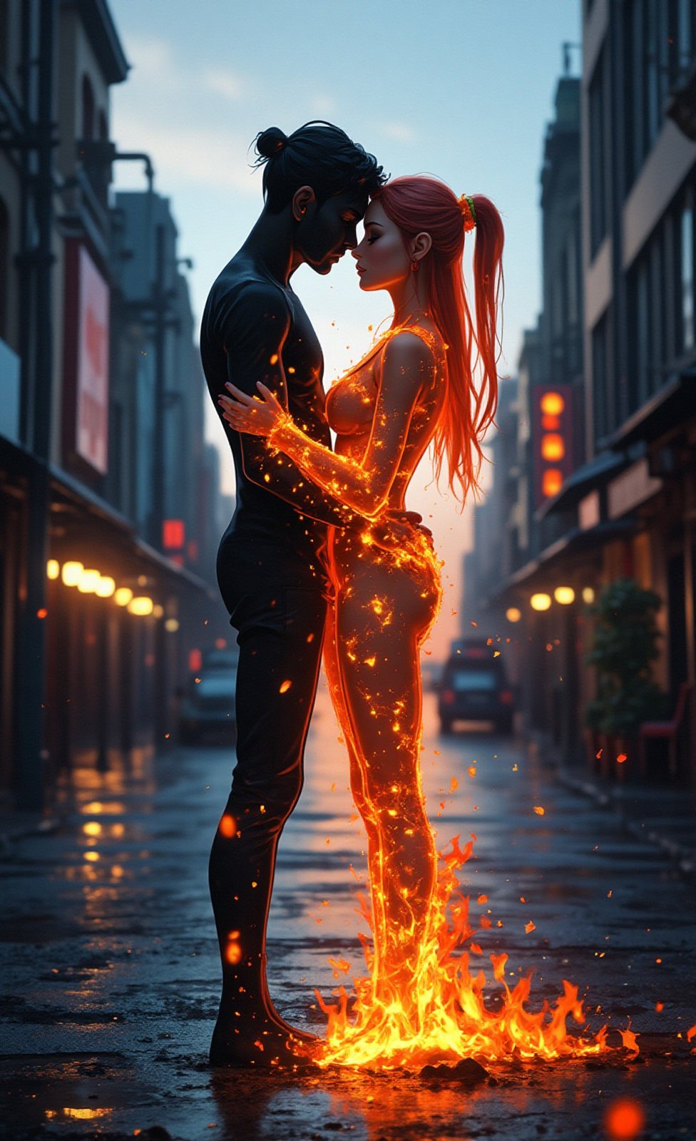 Ghibli studio anime style. A conceptual artwork with an ultra-realistic animation style. A transparent shape resembling the silhouette of a man made out of fire and another shape resembling the silhouette of a woman made out of water. Both shapes embrace in a loving embrace while standing in the middle of a city intersection. The background is a street in the city center. 8k ultra-high-definition quality.