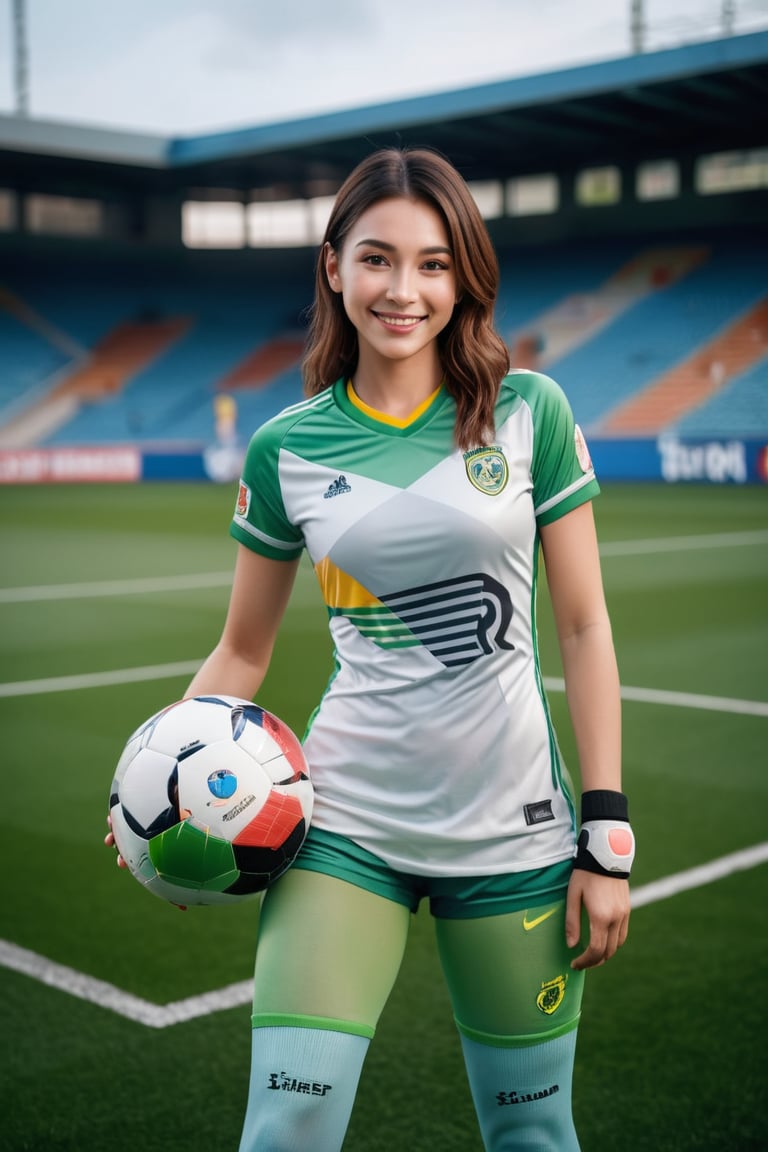 . professional sports athletic woman dressed as a soccer player,  soccer ball,  smiling by AdonisKobi on Tensor.Art