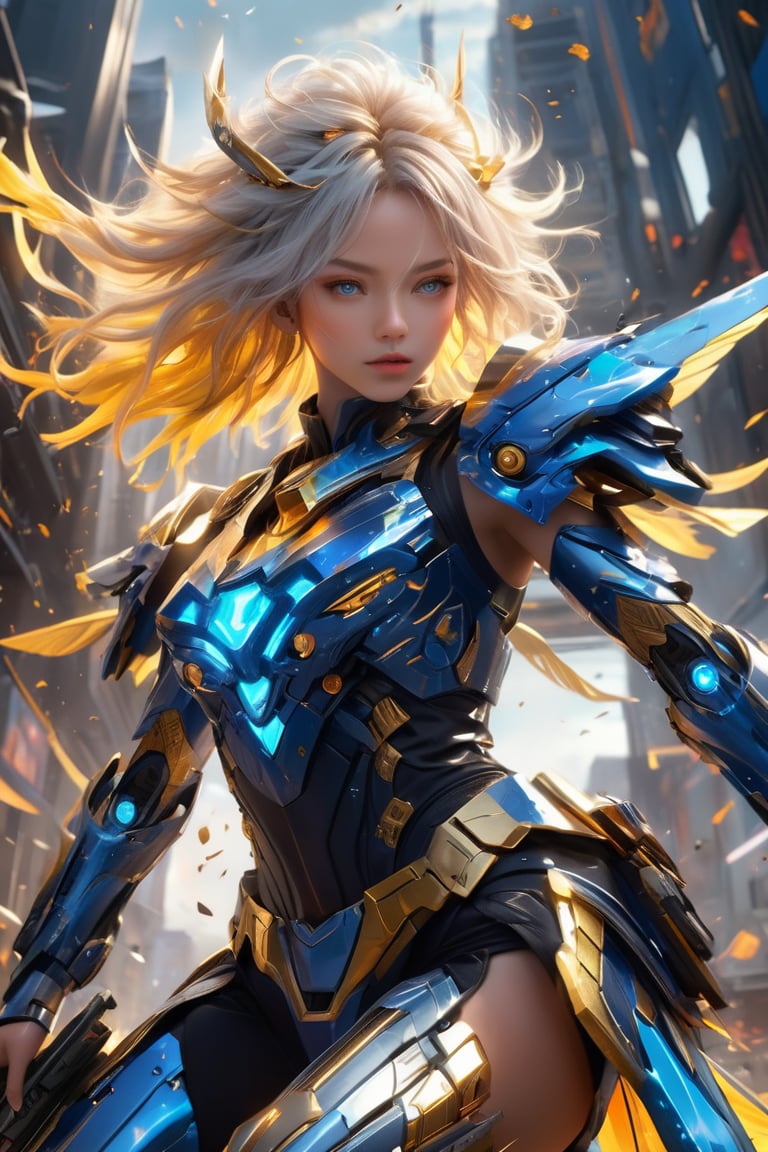 masterpiece digital artwork, Ultra detailed illustration of photorealistic, detailed flying hair, urbanpunk, a gorgeous girl fighting at war, lying on the floor aiming with a sniper gun, body is adorned with glowing golden runes, intense blue aura around her body, wearing light gundam armor, short white hair is blowing in the wind, fighting at war, shiny, divine, celestial, manga, anime, intricate details, very detailed and intricate armor, dynamic epic action pose, dynamic angle, perfect realistic skin pores, cinematic lighting, 4k, hyperrealistic, focused, high details, unreal engine 5, cinematic, sharp focus, hard surface, colorful shot, stormy weather, tons of flying debris around her, futuristic city background, 