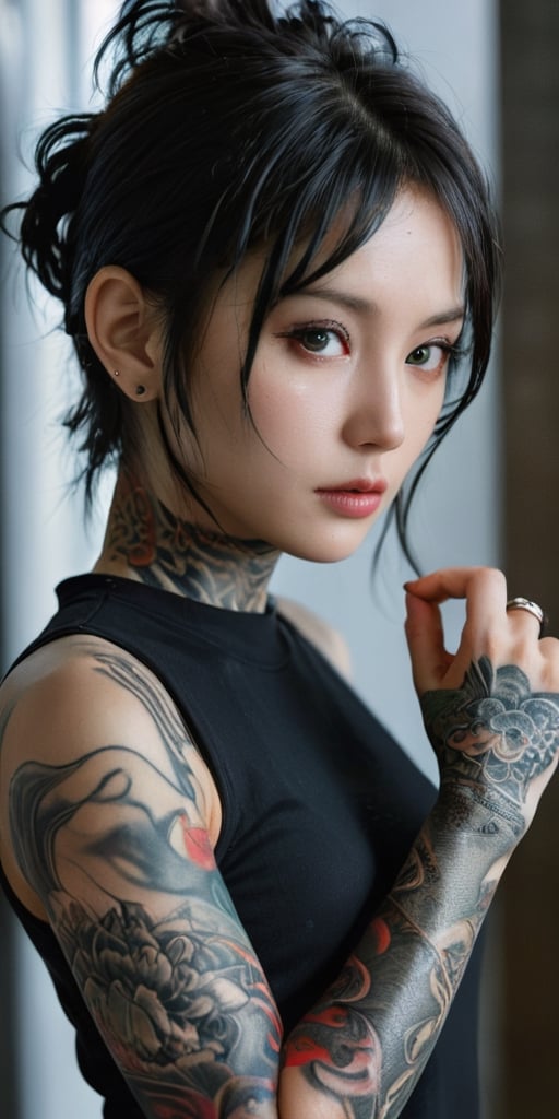 Japanese live-action movie, a striking photograph capturing the essence of 'The Girl with the Dragon Tattoo.' The protagonist, with a piercing gaze and unruly hair, wears a tattoo of a large, fiery dragon that seems to come alive on her arm. The tattoo glows vibrantly, casting a mesmerizing aura. The background is dark, with a hint of a mysterious forest, adding to the overall atmosphere of suspense and intrigue.