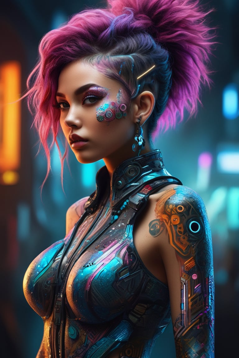 A captivating conceptual art piece featuring a hybrid-colored, futuristic young lady with a wild and alluring style. The gorgeous character is adorned in an intricate and vibrant body art design, which is accentuated by the high-quality 3D render and HDR lighting. The overall aesthetic is a blend of cyberpunk and avant-garde, with a touch of surrealism, creating a striking visual experience.