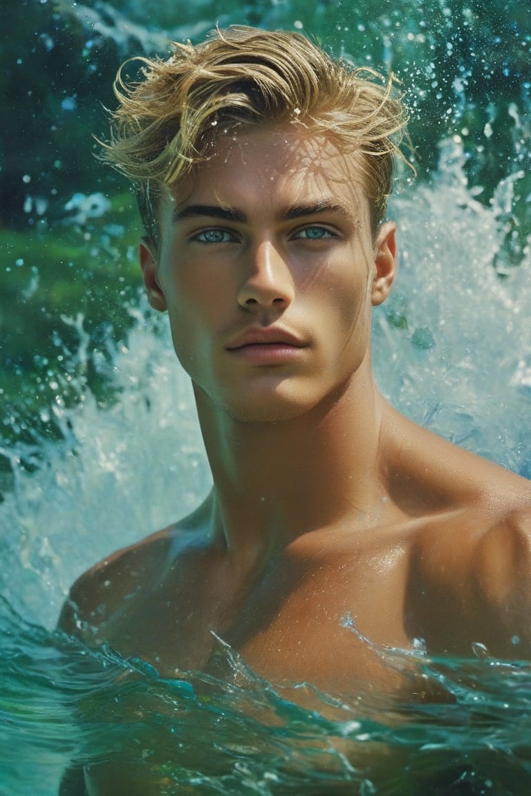 ultra-photorealistic, surreal, (masterpiece). A realistic photo of an attractive tan blonde, fit muscles man, with thick beautiful dark eyebrows, strong facial, he has a short fade haircut, high cheek bones, light grey eyes, he is showing his fit body, detailed, complex, a water bender surrounded by green water spouts, magical scene, dynamic pose, floating hair, water drops, magical glow, fantasy art, waterbending, water splashing water slices, glowy, hyperdetailed face, green splash, textured wet skin.