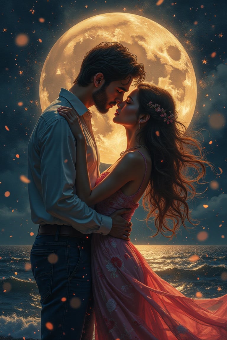 Portrait art, splash art, creative artwork, s passionate embrace between two lovers, their bodies intertwined in a beautiful dance of love. The moon's soft glow illuminates their faces, highlighting the intensity of their emotions. Rendered in a dreamy watercolor style, this illustration captures the essence of romance. The intricate details and vibrant colors bring to life the intense emotions of love and union between these two souls. The soft brushstrokes and warm colors convey the depth of their love and tranquility, The image is a stunning painting, rich in colors and meticulous brushstrokes. This portrait showcases lovers with a serene aura,