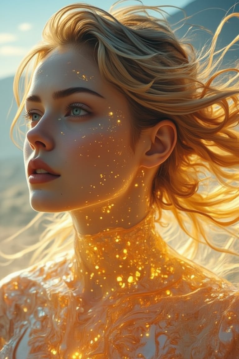 ,l(masterpiece, best quality, official art, beauty and aesthetics: 1.2), HDR, high contrast, wide angle lens, a A young woman with transparent, crystal-like skin, glowing from a soft golden light, her hair flowing like liquid metal, surrounded by an aura of shimmering particles, High dynamic range, vivid, rich details, clear shadows and highlights, realistic, intense, enhanced contrast, highly detailed, long shot scenic professional photograph, perfect viewpoint, highly detailed, hyper realistic, with dramatic sky, polarizing filter, natural lighting, vivid colors, everything in sharp focus,Fantasy detailers 