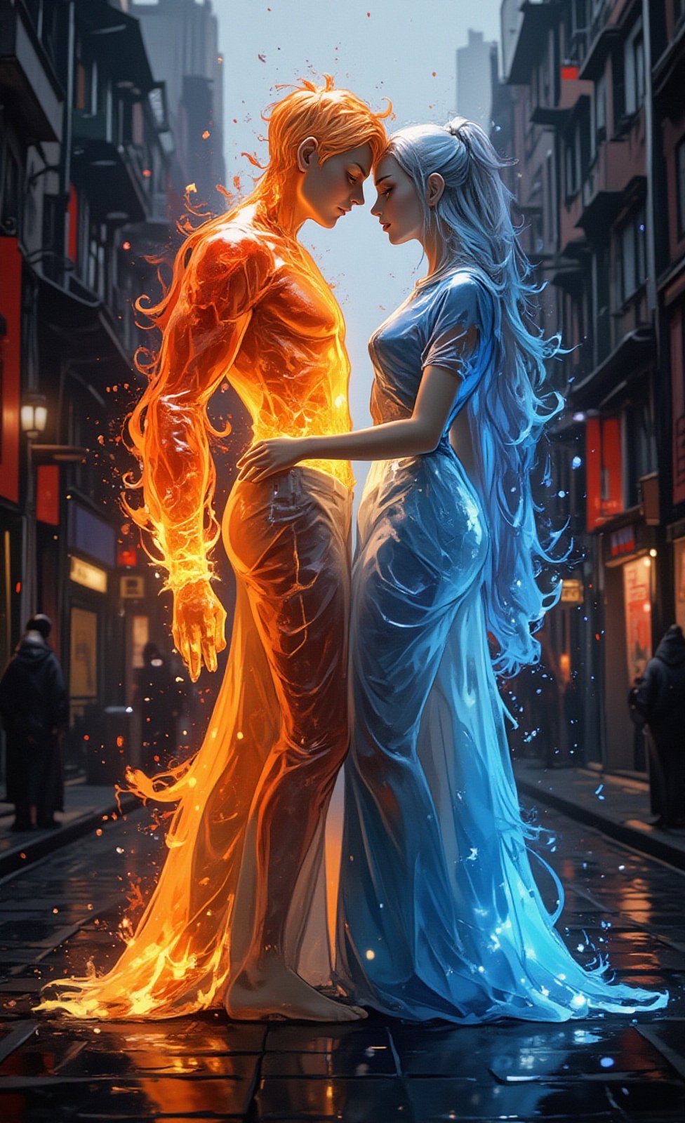 Ghibli studio anime style. A conceptual artwork with an ultra-realistic animation style. A transparent shape resembling the silhouette of a man made out of fire and another shape resembling the silhouette of a woman made out of water. Both shapes embrace in a loving embrace while standing in the middle of a city intersection. The background is a street in the city center. 8k ultra-high-definition quality.